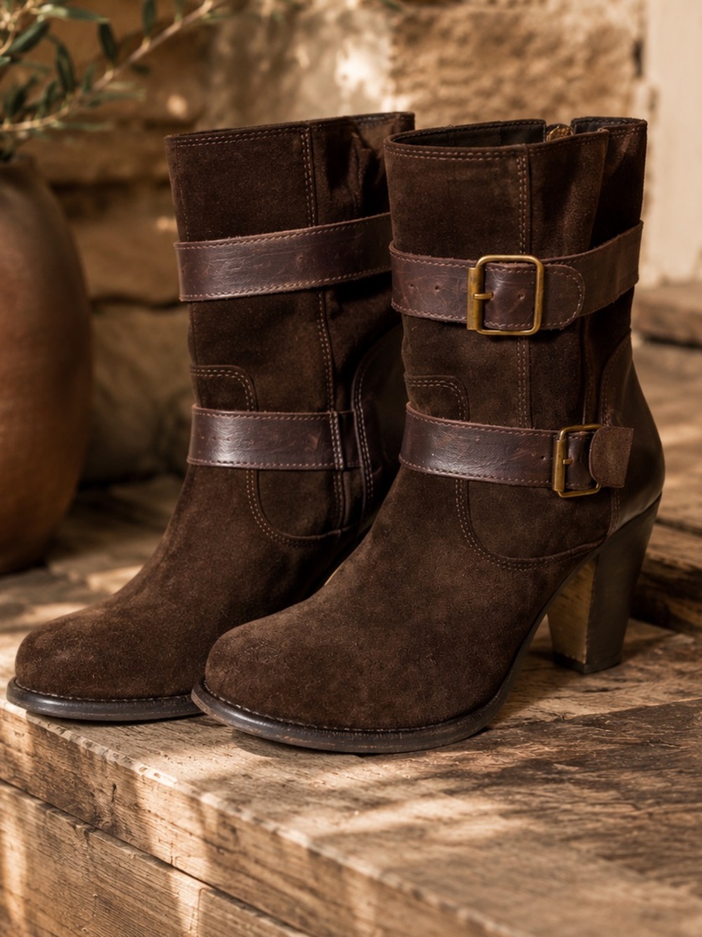 HUDSON LONDON Luxury Chocolate Suede Double Buckle Ankle Moto Boots, 8